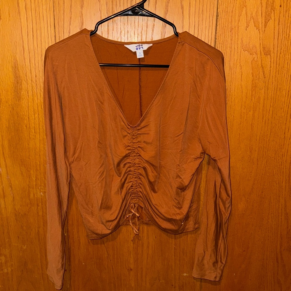 Draped long sleeve top with tie cinched front